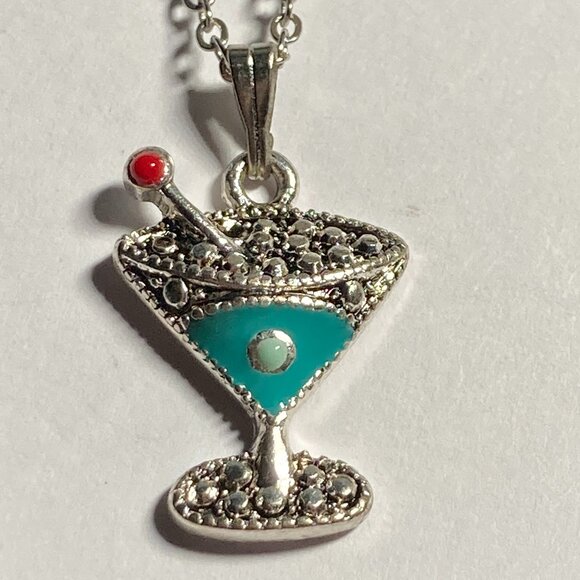 Martini Cocktail Drink Cup Glass Charm Necklace Pendant Aqua Enamel 18" Chain - Picture 2 of 9